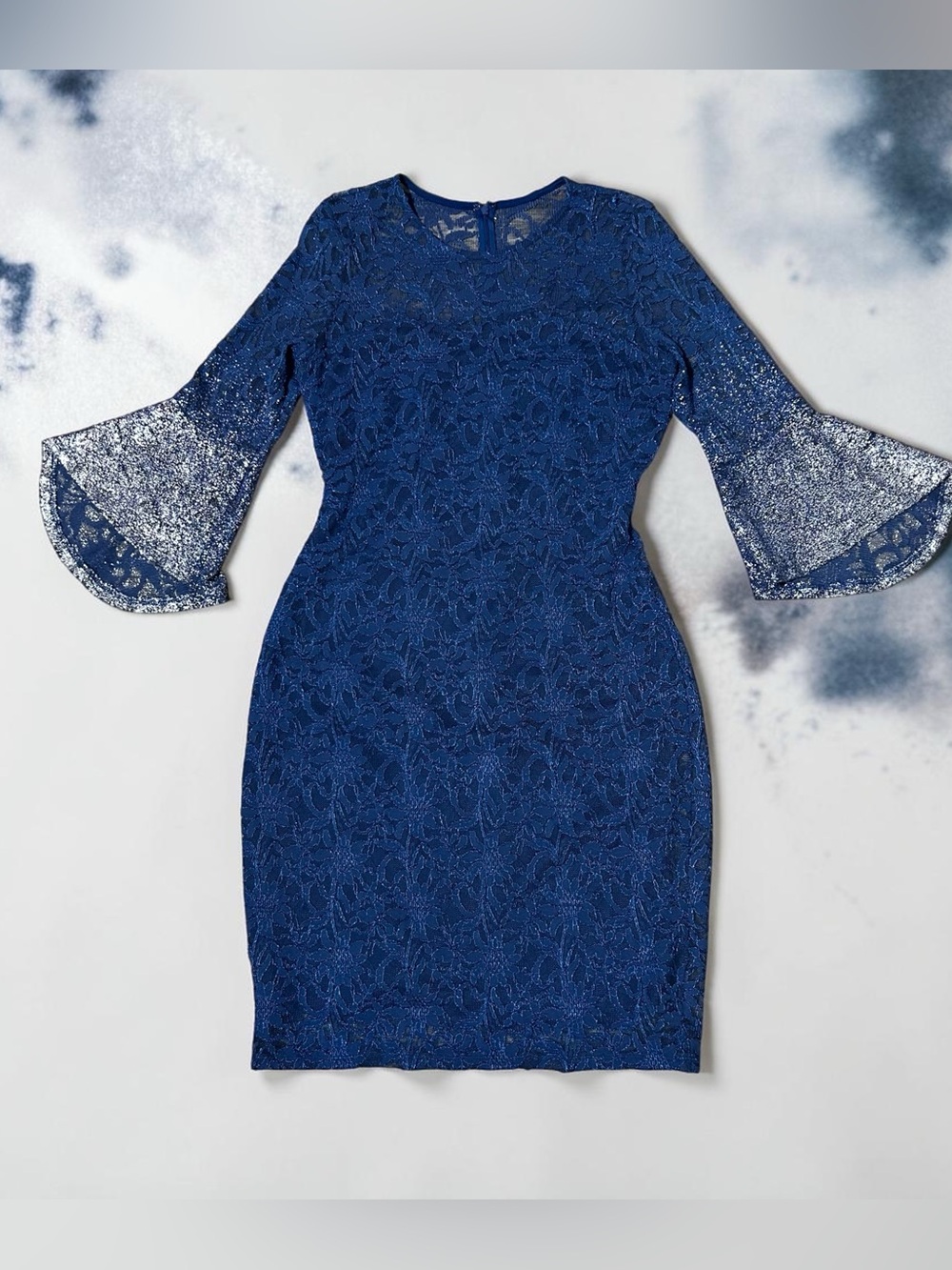 MARINA Royal Blue Lace Sheath Dress with Silver Sparkly Bell Sleeves